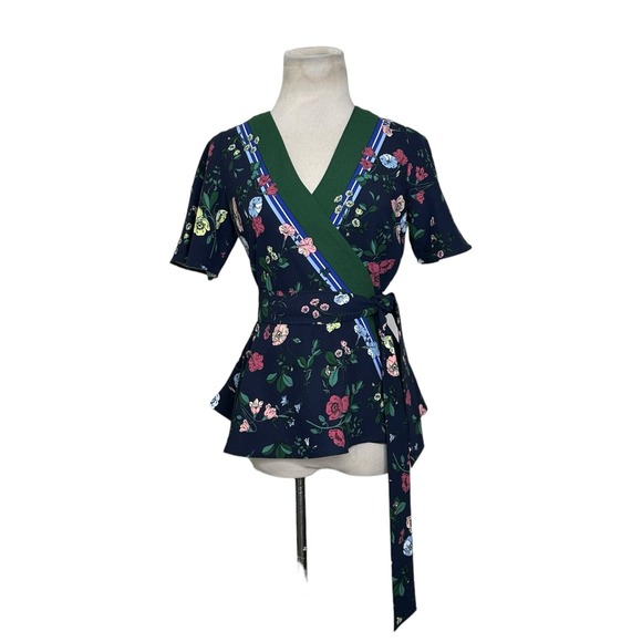 Ann Taylor black pink floral short sleeves wrap blouse size XXSP - Picture 10 of 10